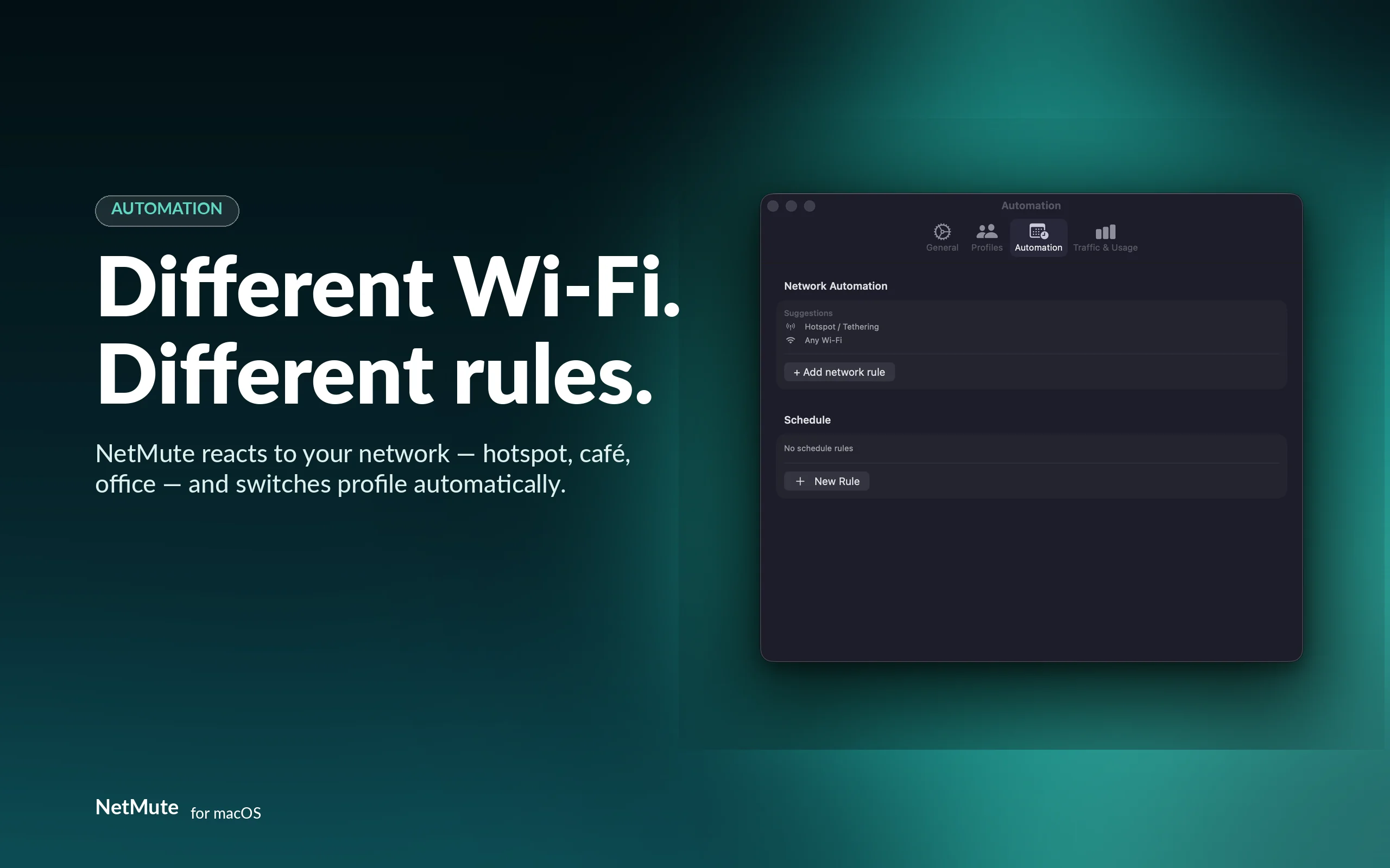 Different Wi-Fi, different rules — NetMute switches profile automatically