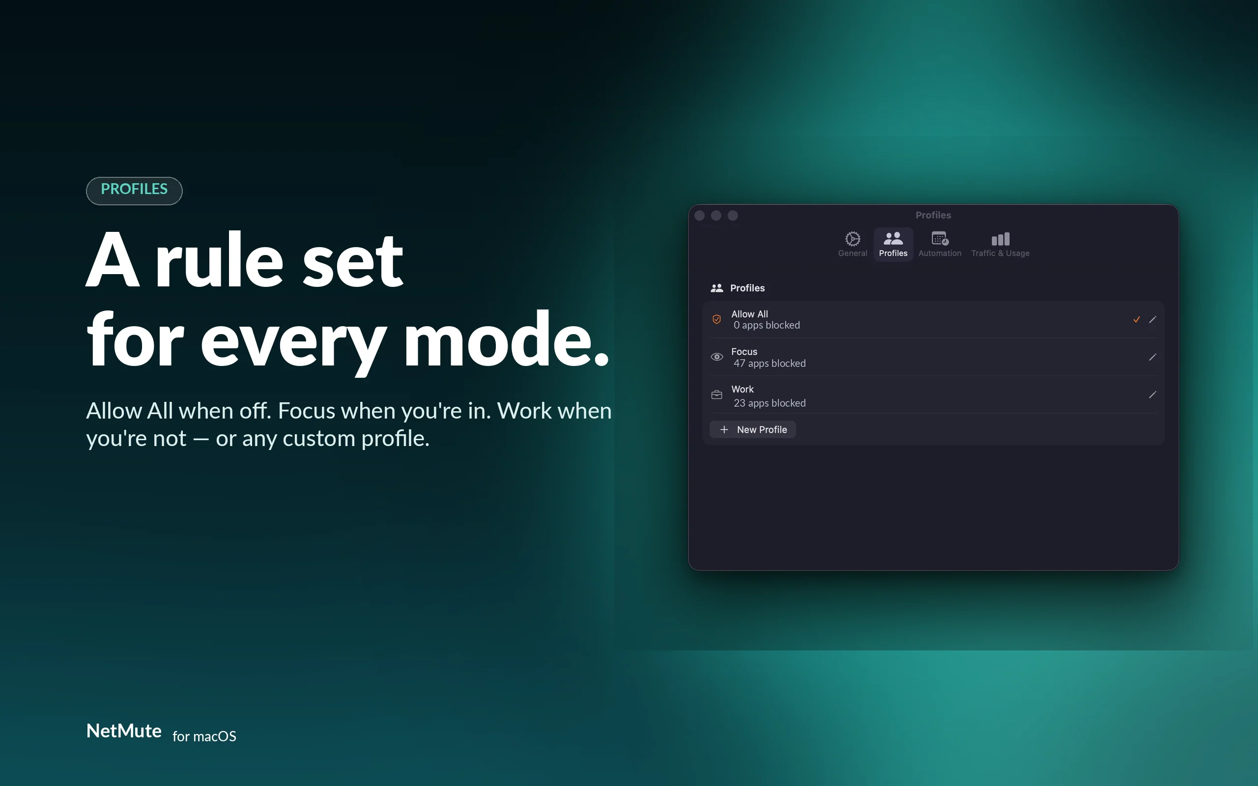 A rule set for every mode — Allow All, Focus, Work or a custom profile